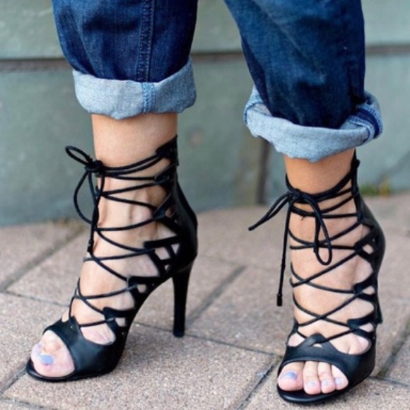 Joie Shoes - JOIE Quinn Lace Up Sandals Black Heels Gladiator